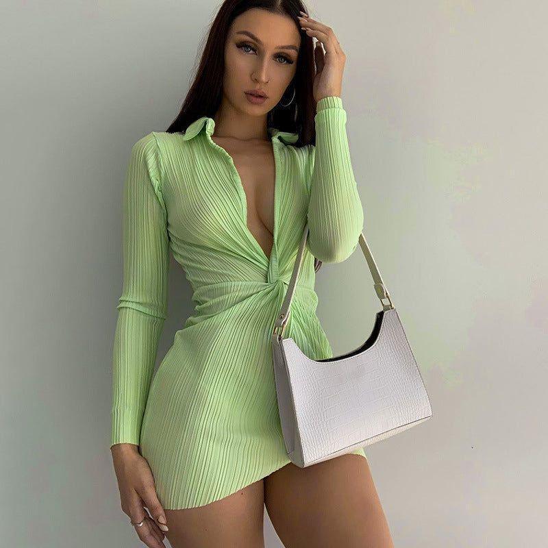 Océane Vêtements -Ophélie Ribbed Plunging V Long Sleeve Mini Dress