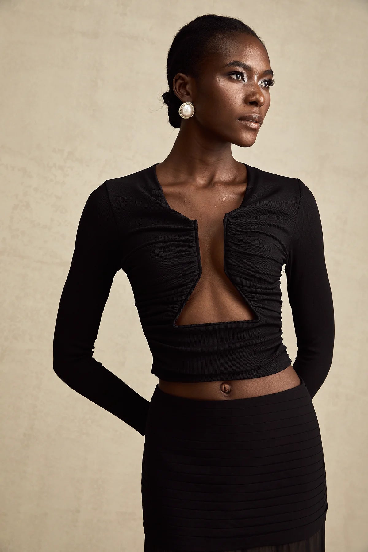Océane Vêtements - Anaïs Black Open-Front Gathered Top