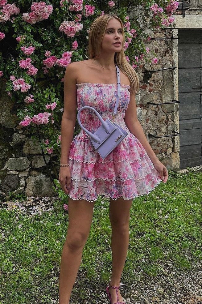 Océane Vêtements - Stella Floral Print Strapless Ruffle Mini Dress