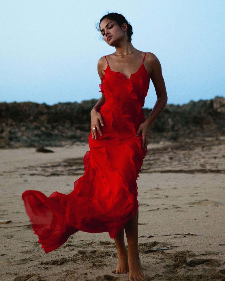 Ocane Vtements - Bella Chiffon Ruffle Backless Maxi Dress Red / L Ocane Vtements - Bella Chiffon Ruffle Backless Maxi Dress Red / L