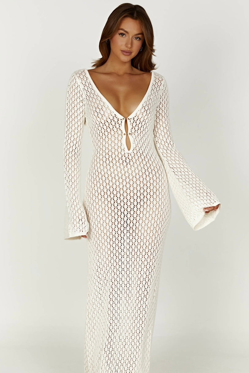 Ocane Vtements - Augusta Crochet Fishtail Flare Sleeve Maxi Dress XL / White Ocane Vtements - Augusta Crochet Fishtail Flare Sleeve Maxi Dress XL / White