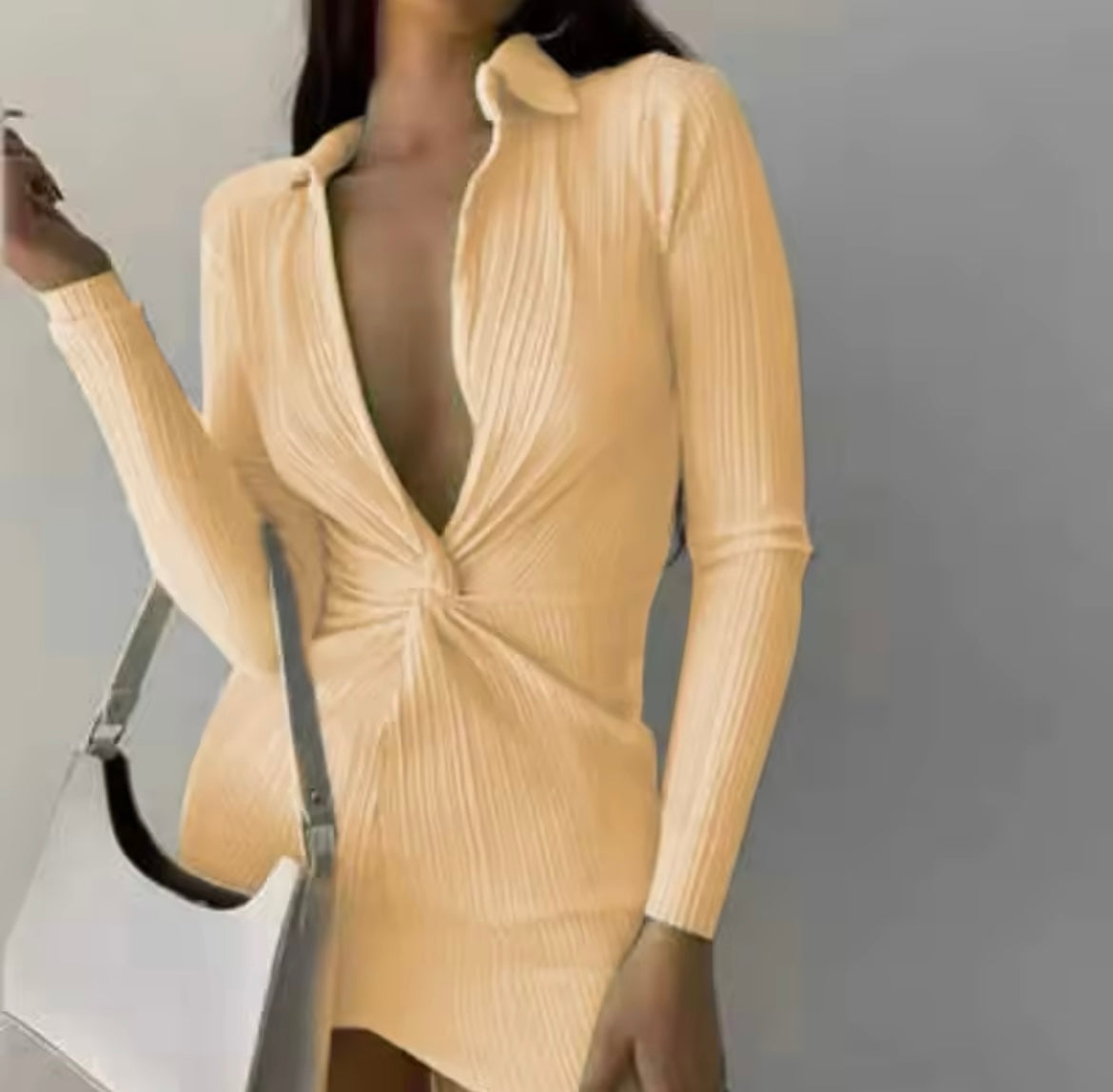 Océane Vêtements -Ophélie Ribbed Plunging V Long Sleeve Mini Dress