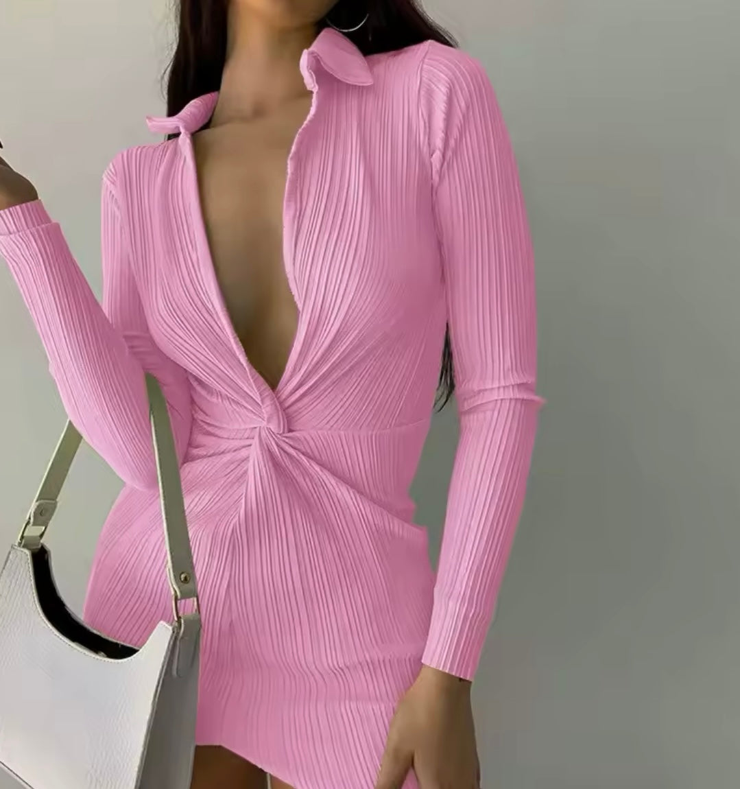 Océane Vêtements -Ophélie Ribbed Plunging V Long Sleeve Mini Dress