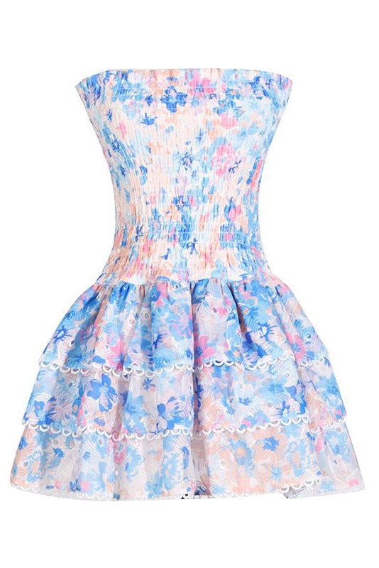 Océane Vêtements - Stella Floral Print Strapless Ruffle Mini Dress