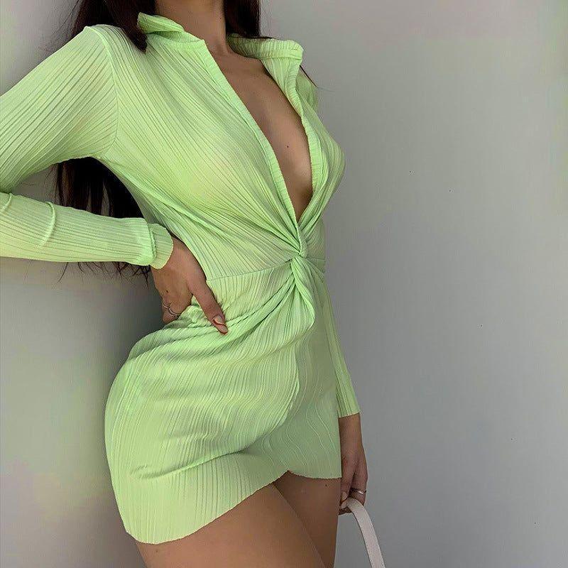 Océane Vêtements -Ophélie Ribbed Plunging V Long Sleeve Mini Dress