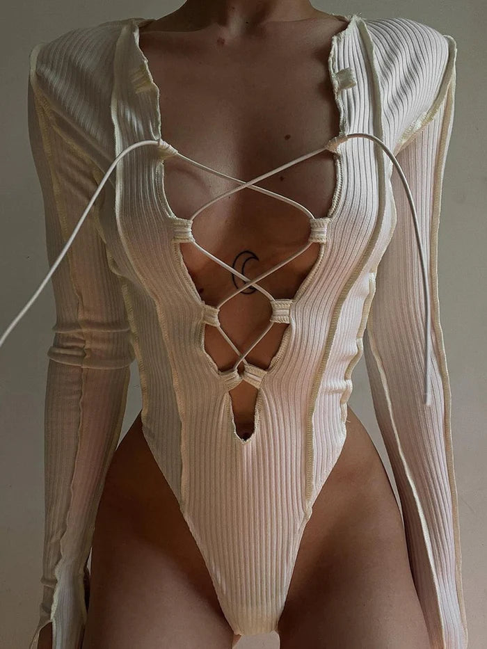 Océane Vêtements - Sensuelle Lace Up Knitted Bodysuit