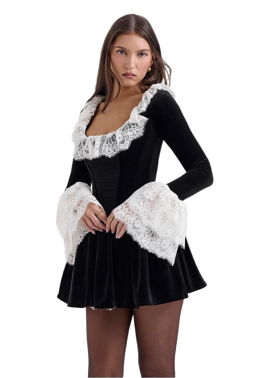 Océane Vêtements - Emma Black Velvet Lace Trimmed Mini Dress