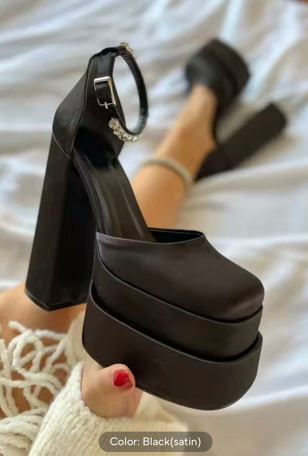 Océane Vêtements - Rendezvous Double Platform Rhinestone Strap Satin Pumps