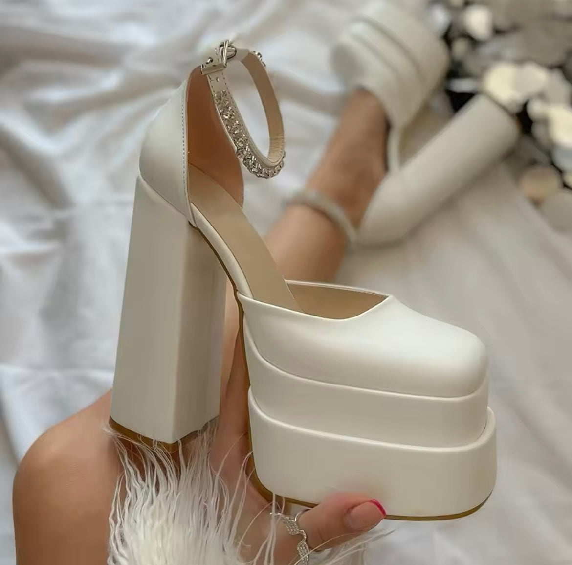 Océane Vêtements - Rendezvous Double Platform Rhinestone Strap Satin Pumps