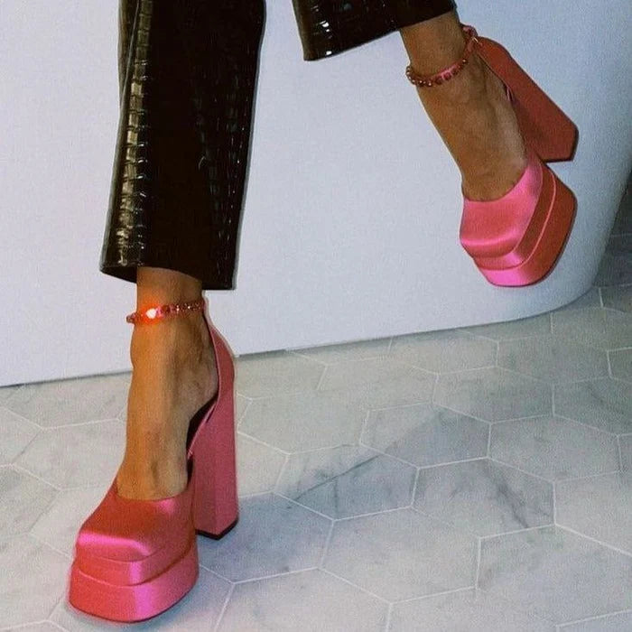 Océane Vêtements - Rendezvous Double Platform Rhinestone Strap Satin Pumps