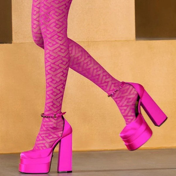 Océane Vêtements - Rendezvous Double Platform Rhinestone Strap Satin Pumps