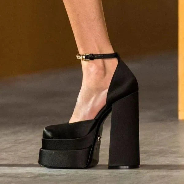 Océane Vêtements - Rendezvous Double Platform Rhinestone Strap Satin Pumps