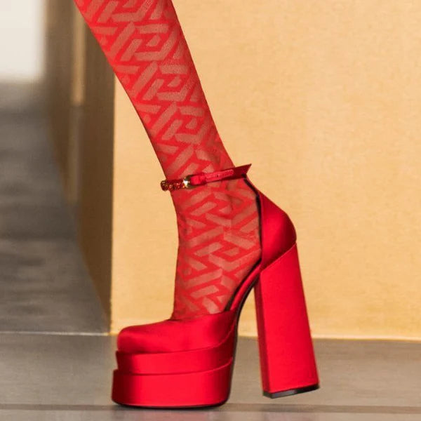 Océane Vêtements - Rendezvous Double Platform Rhinestone Strap Satin Pumps