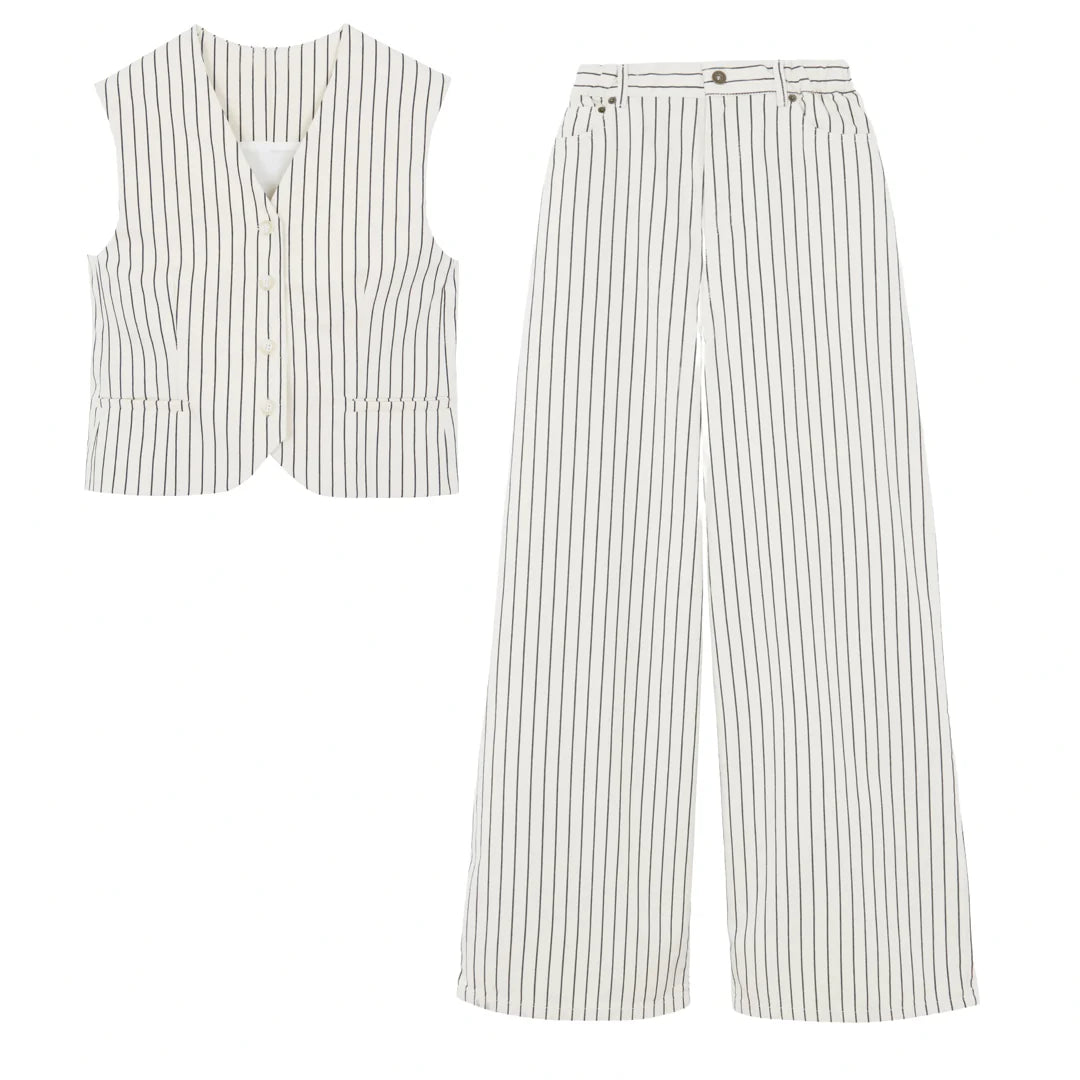 Océane Vêtements - Mode Haute Couture Two Piece Sleeveless V Neck Button Down & High Waist Straight Trousers