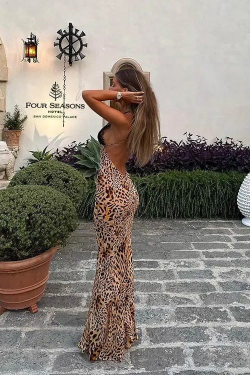 Océane Vêtements -Léopard Print Plunging Halter Neck Maxi Dress