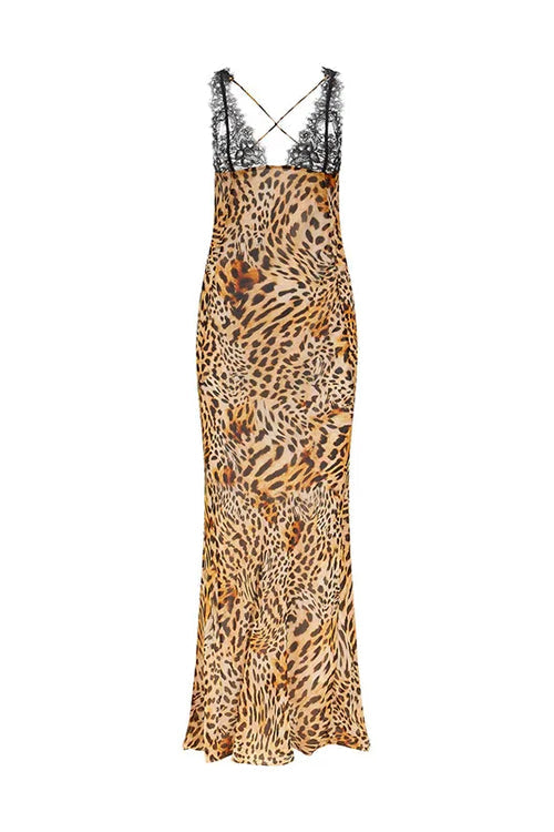Océane Vêtements -Léopard Print Plunging Halter Neck Maxi Dress