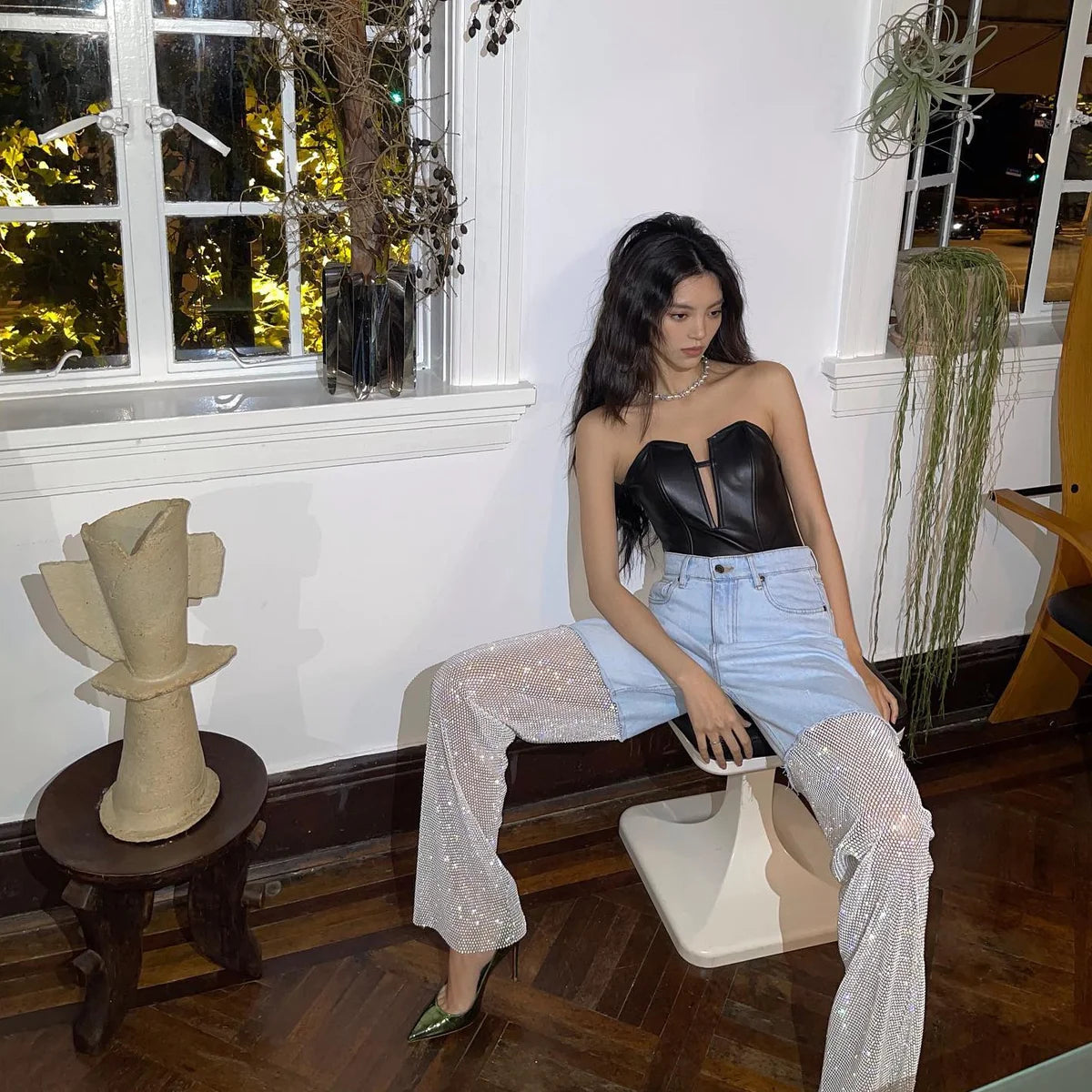 Océane Vêtements - Crystal Mesh Wide Leg Jeans