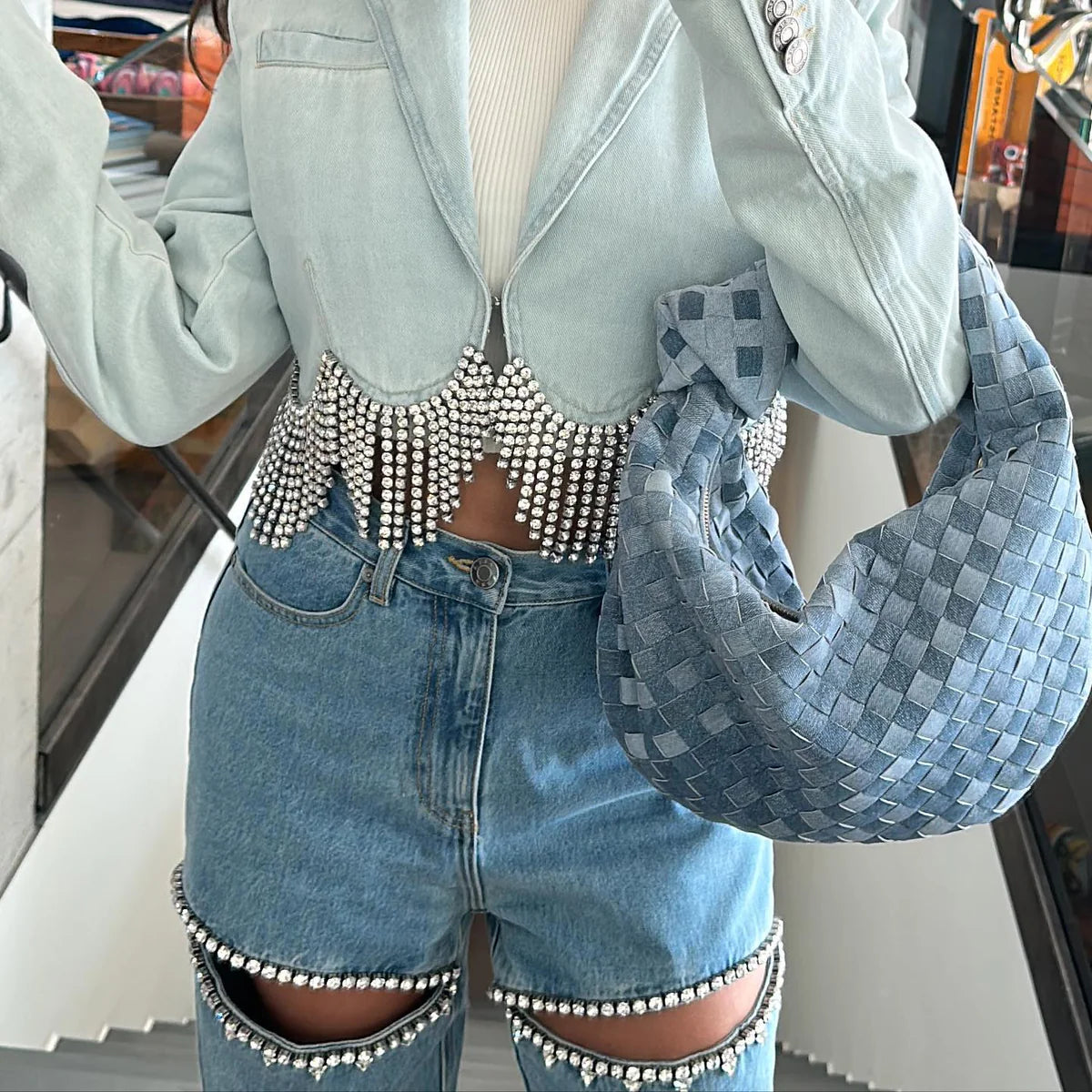 Océane Vêtements - Gorgeous You Embellished Cutout High-Rise Jeans