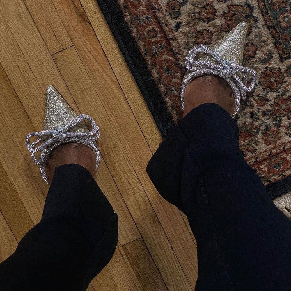 Océane Vêtements-Galaxy Silver Glitter Wrap Around Bow Heels