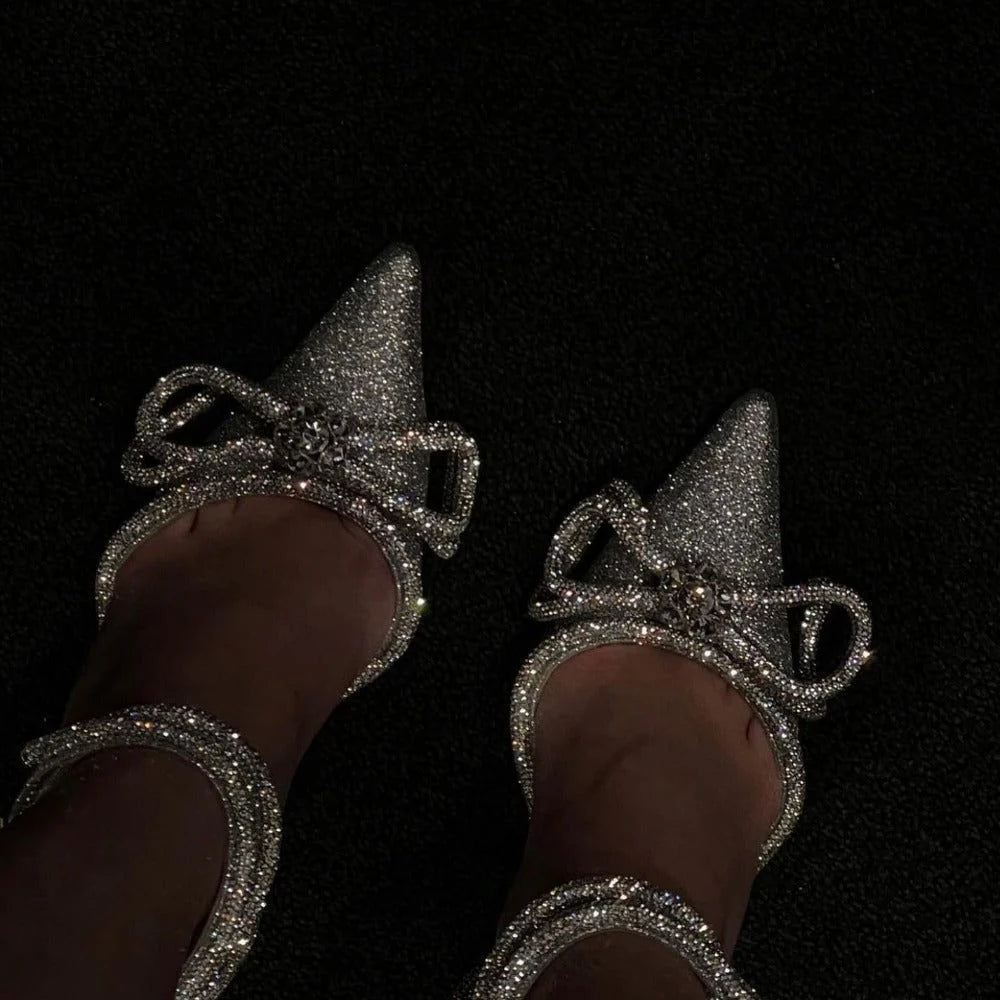 Océane Vêtements-Galaxy Silver Glitter Wrap Around Bow Heels