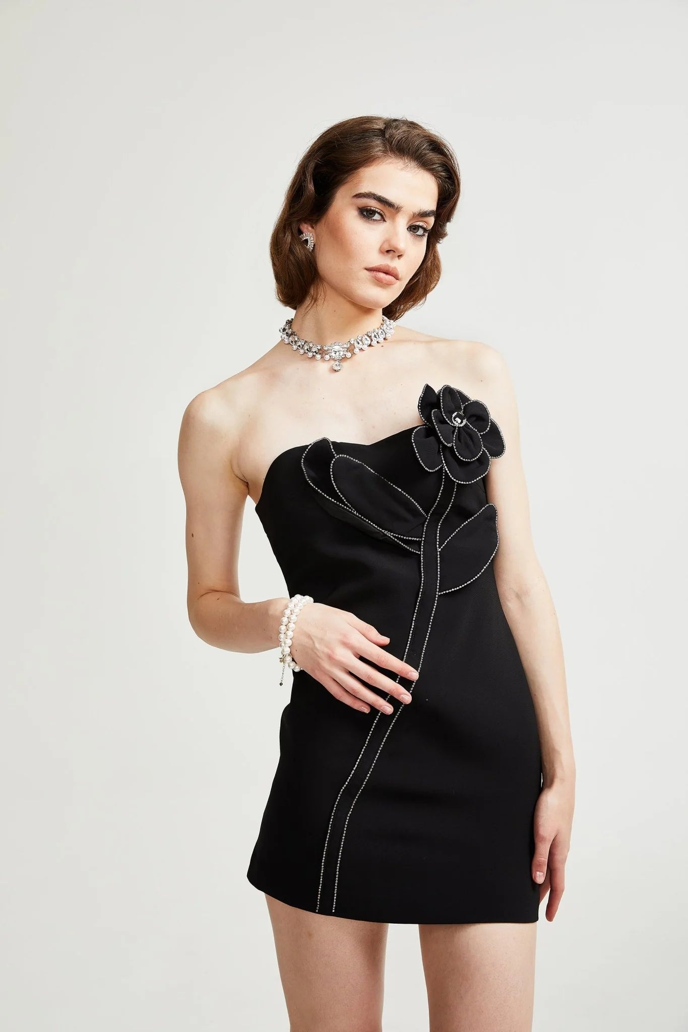 Océane Vêtements -  Amelia Black Faux-Flower Mini Dress