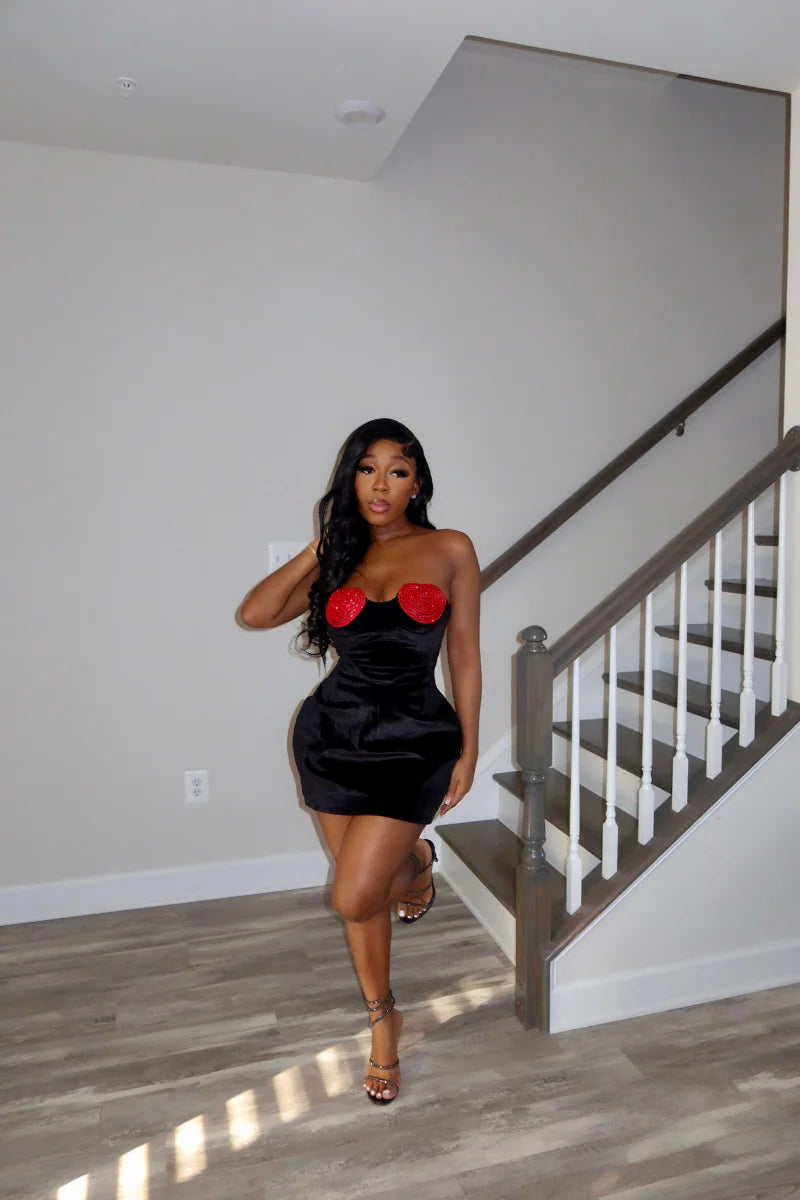 Océane Vêtements - Cupid's Arrow Red Crystal Heart Mini Dress