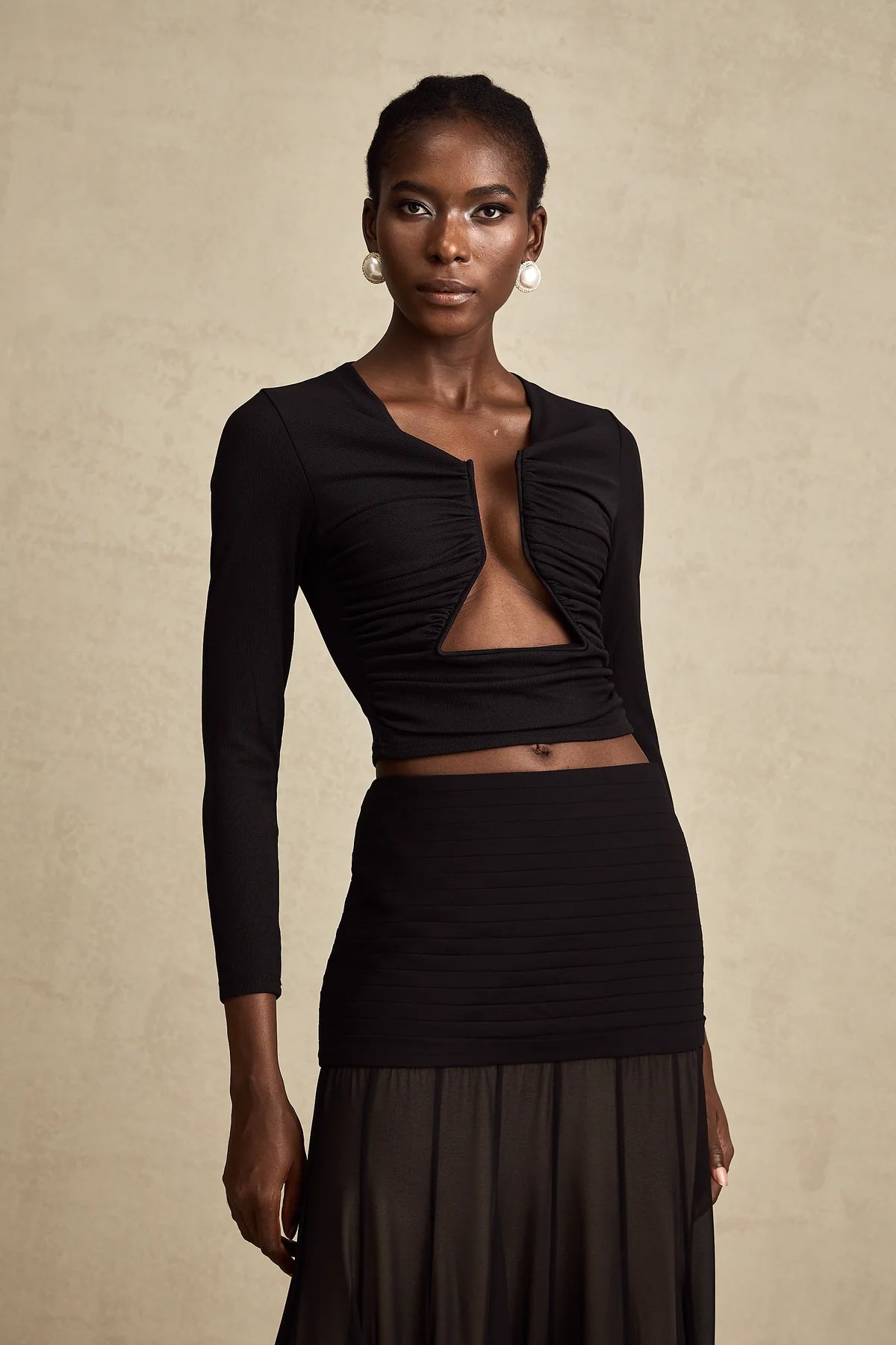 Océane Vêtements - Anaïs Black Open-Front Gathered Top