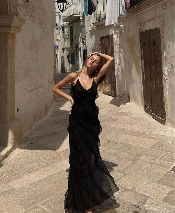 Océane Vêtements - Bella Chiffon Ruffle Backless Maxi Dress