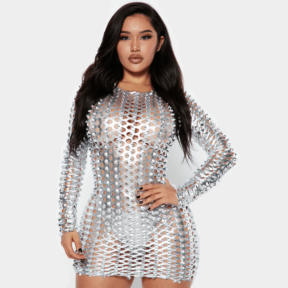 Océane Vêtements-Mercy Long Sleeve Hollow Mini Dress In Silver