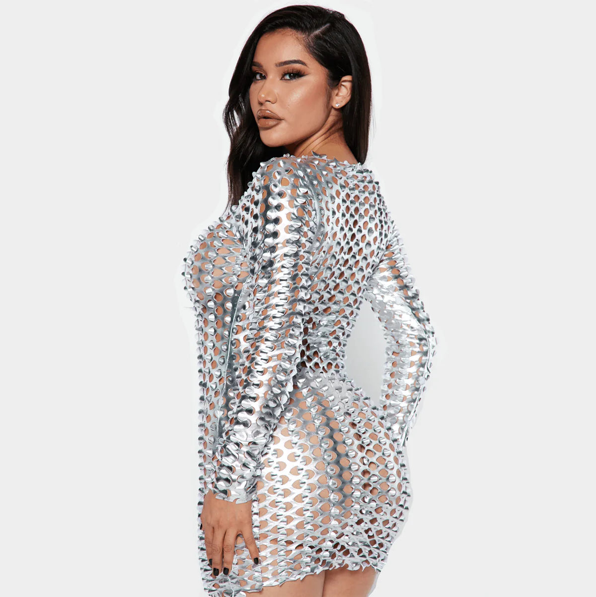 Océane Vêtements-Mercy Long Sleeve Hollow Mini Dress In Silver