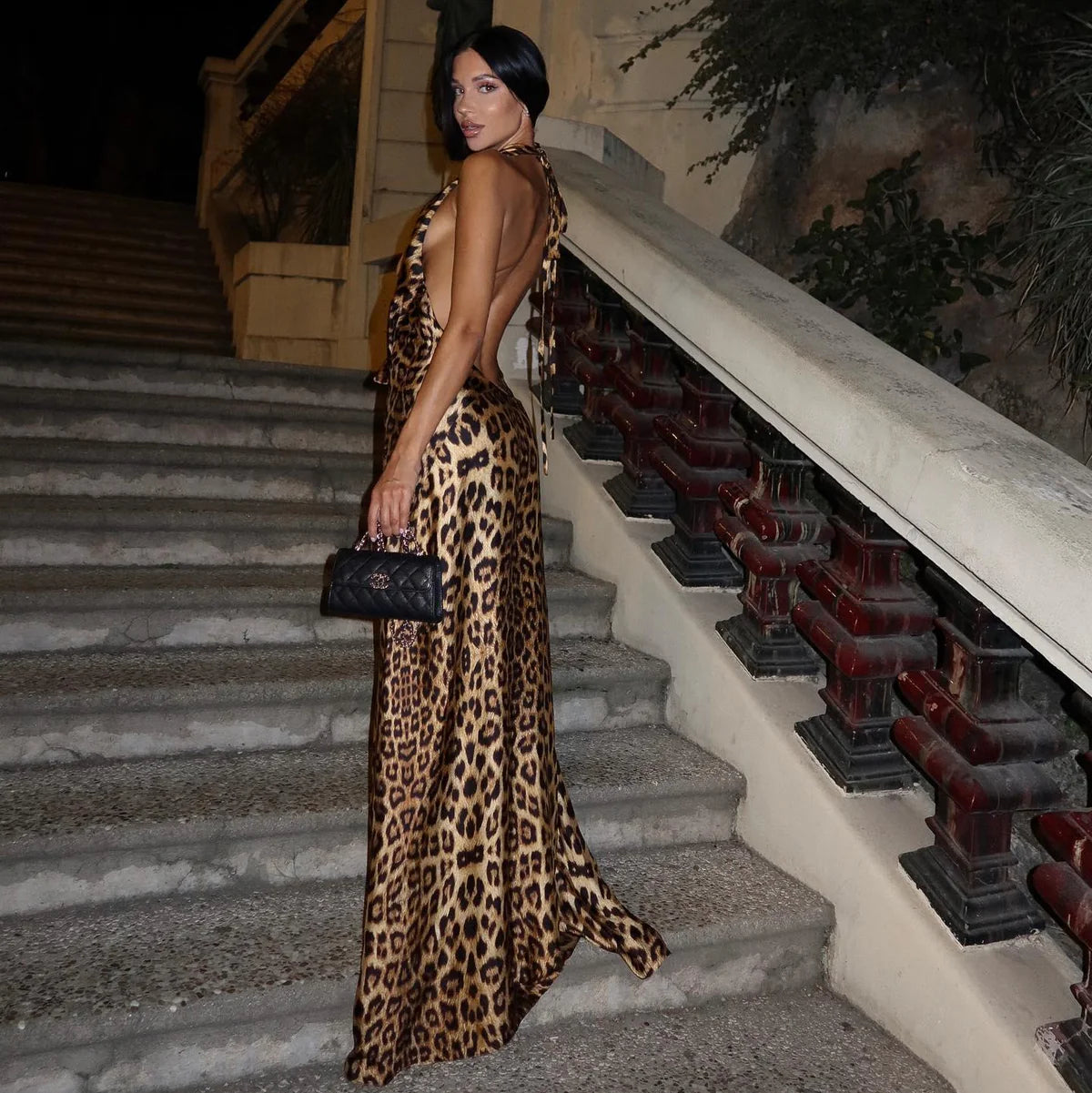 Océane Vêtements - Fierce Allure Backless Leopard Print Maxi Dress