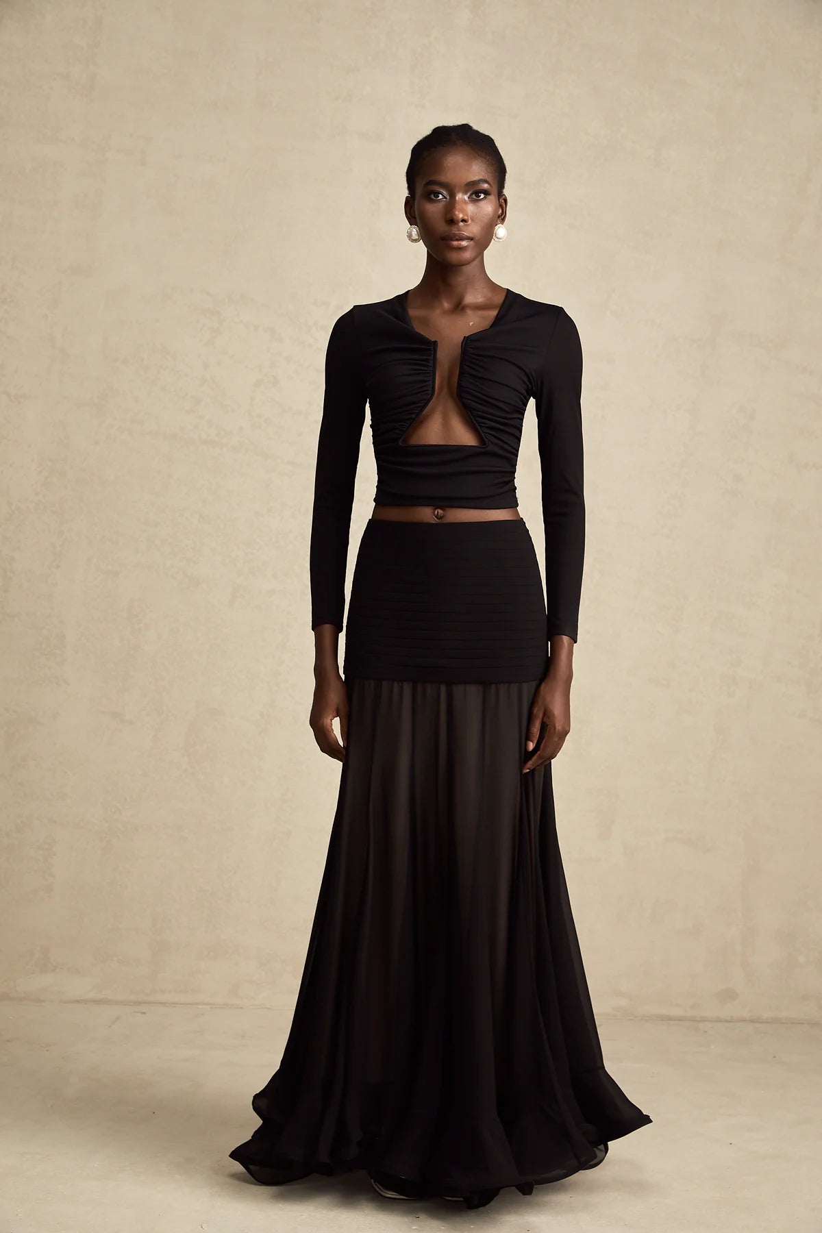 Océane Vêtements - Anaïs Black Open-Front Gathered Top