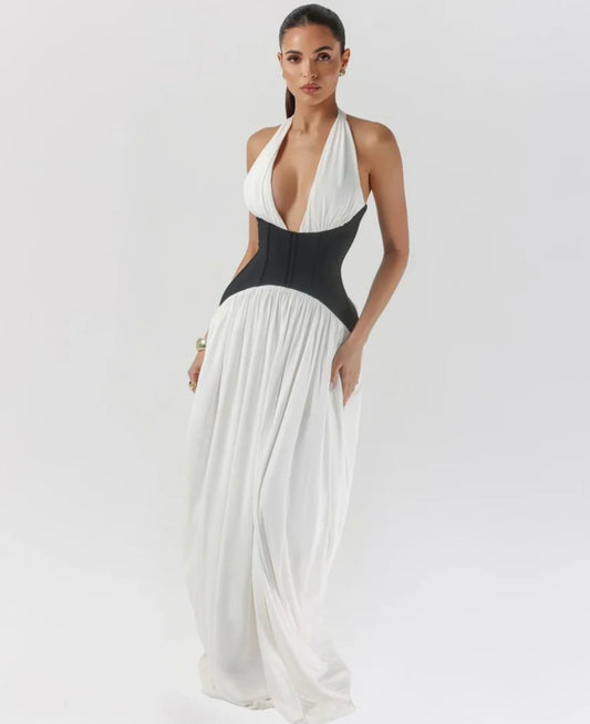 Océane Vêtements- White and Black Sculpting Jersey Draped Maxi Dress