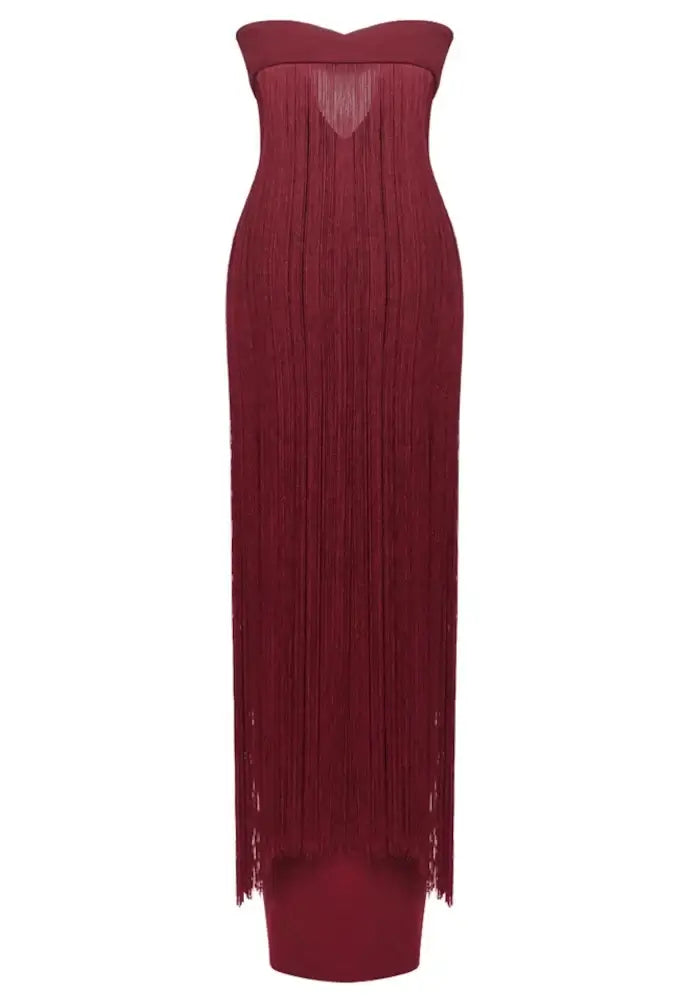 Océane Vêtements- Burgundy Strapless Fringe Maxi Dress