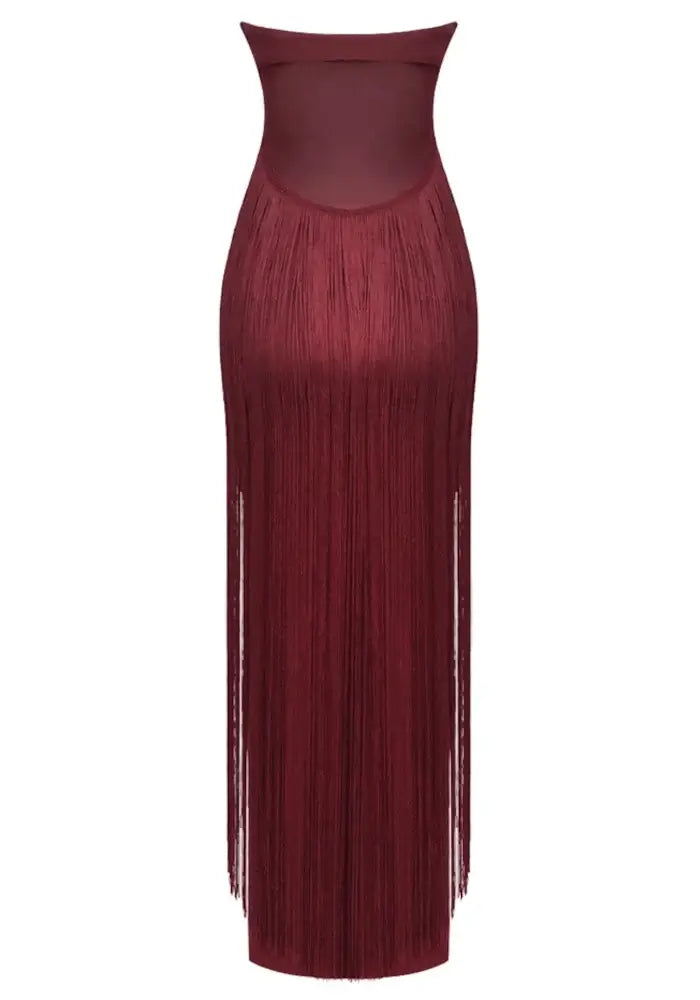 Océane Vêtements- Burgundy Strapless Fringe Maxi Dress