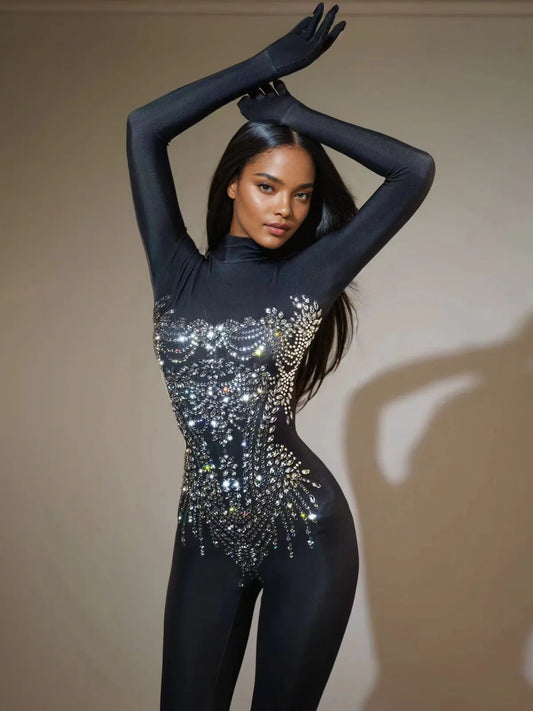Océane Vêtements-Chesten Long Sleeve Rhinestone Embellished Jumpsuit