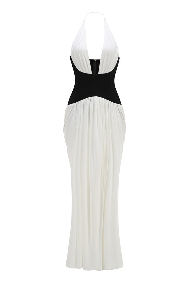 Océane Vêtements- White and Black Sculpting Jersey Draped Maxi Dress