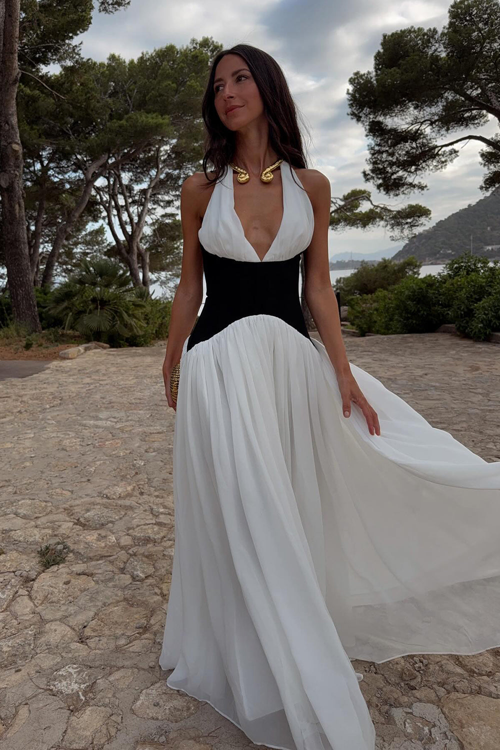 Océane Vêtements- White and Black Sculpting Jersey Draped Maxi Dress