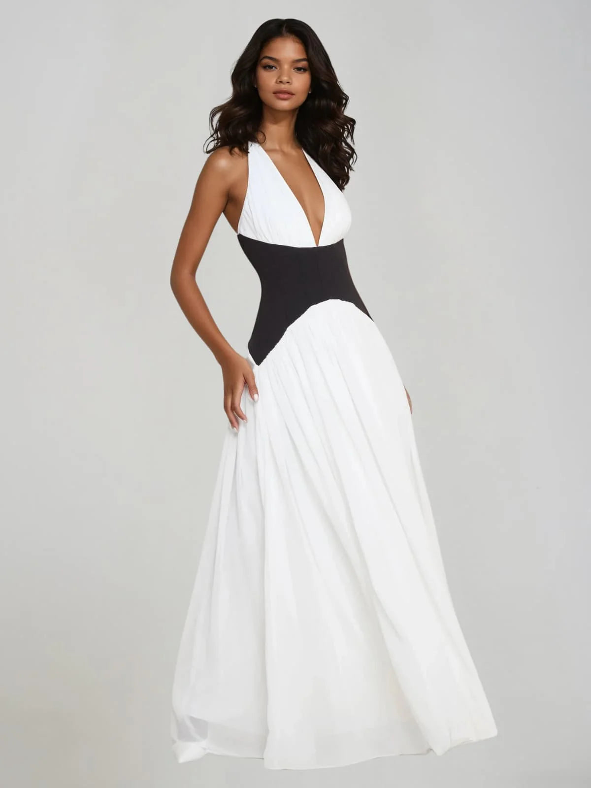 Océane Vêtements- White and Black Sculpting Jersey Draped Maxi Dress