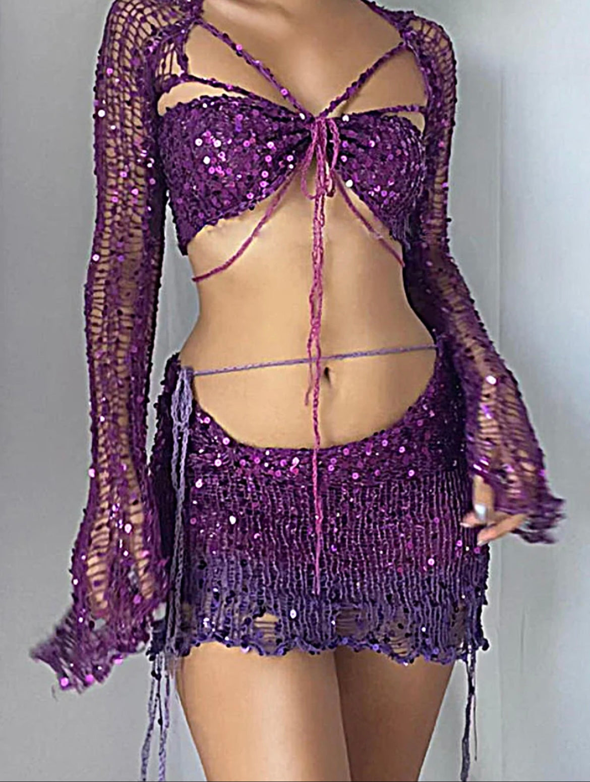 Océane Vêtements - Sleeved Bohemian Sequin Crochet Crop Top Mini Skirt Swimwear