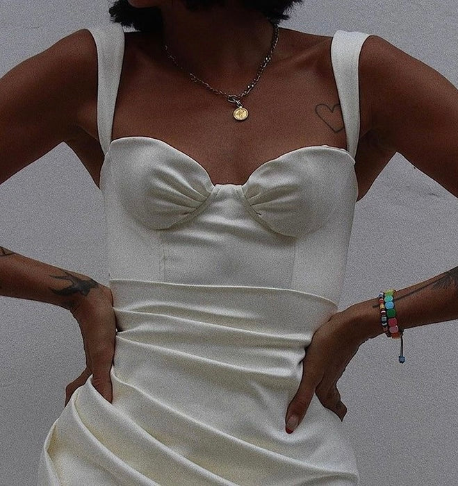 Océane Vêtements - Mia ruched Slit Thick Strap Satin Midi Dress