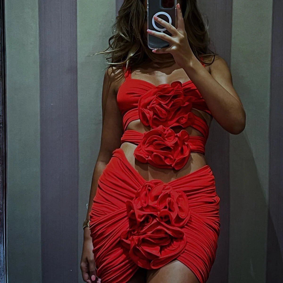 Océane Vêtements - Radiant Rose Cutout Embellished Ruched Mini Dress