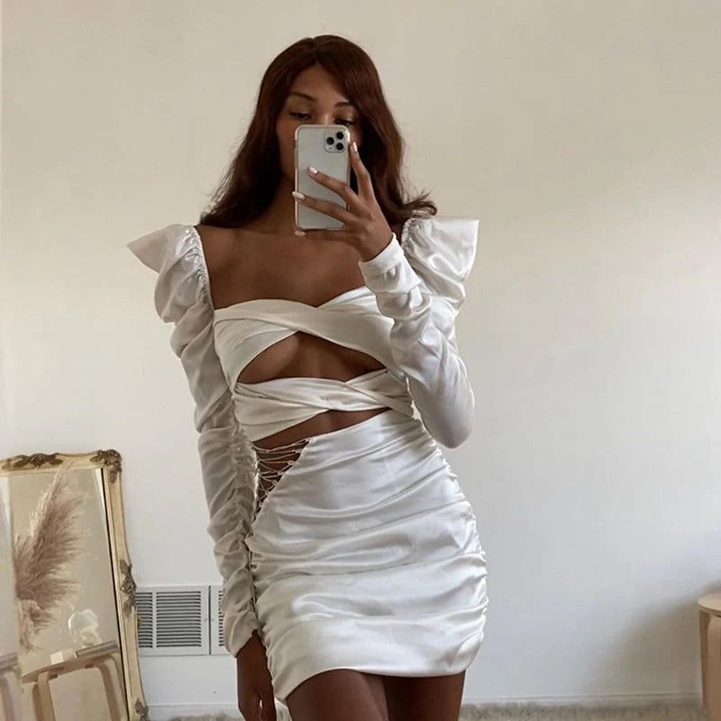 Océane Vêtements - Parisian Ruched Cut Out Lace Up Mini Dress