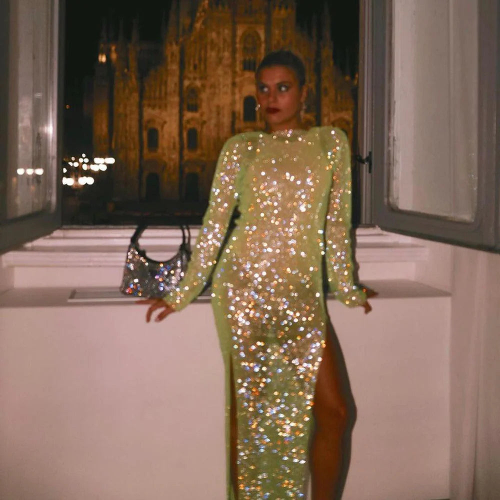 Océane Vêtements - Rainbow Diamond Dusk Rhinestone Maxi Dress