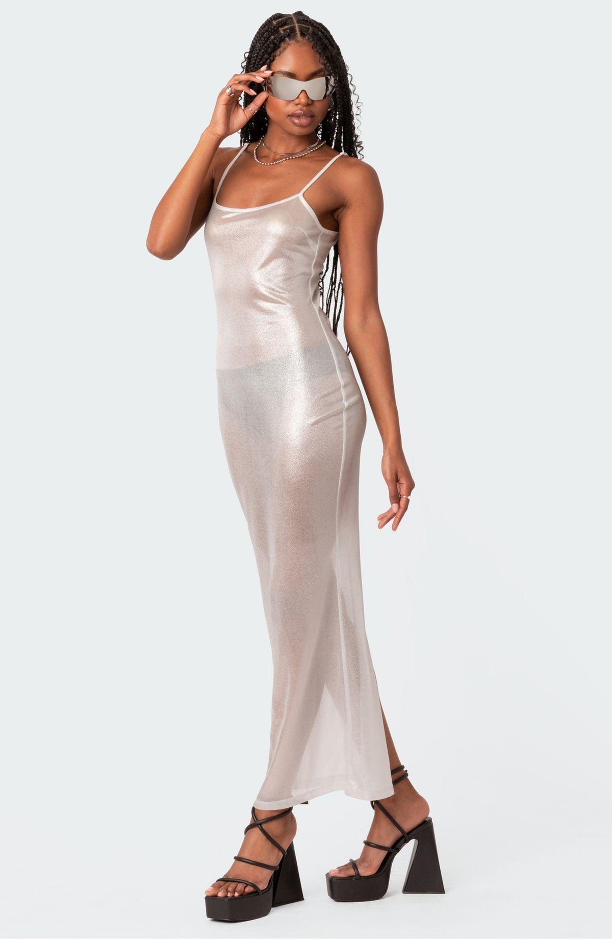 Ocane Vtements - Nothing to Hide Sheer Metallic Liquid Dress Silver / L Ocane Vtements - Nothing to Hide Sheer Metallic Liquid Dress Silver / L