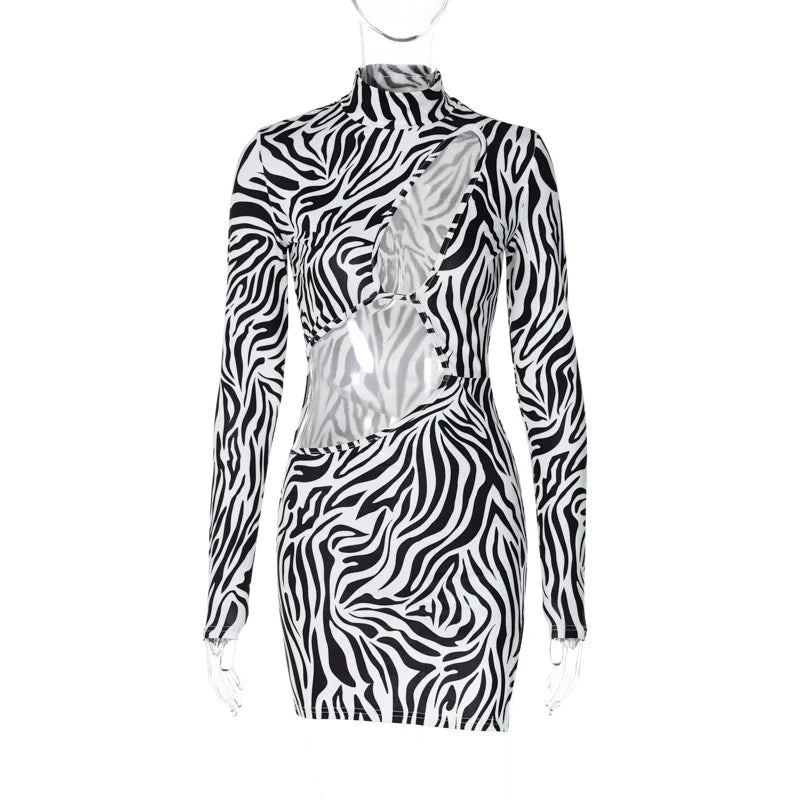 Océane Vêtements -Safari à Imprimé Zèbre High Neck Bodycon Cut Out Mini Dress