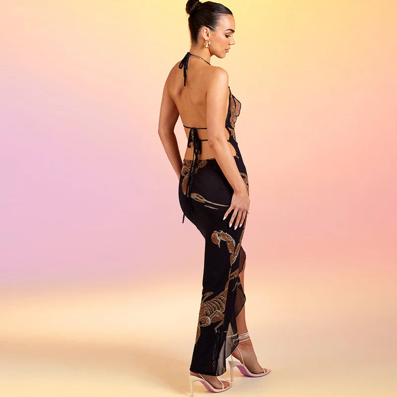 Océane Vêtements -Piqûre De Scorpion Halter Bodycon Backless Mini Dress