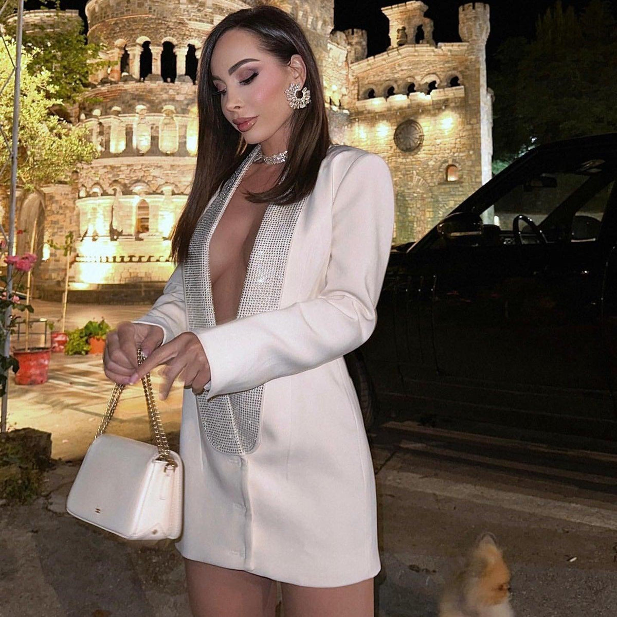 Océane Vêtements-Nuit à Paris Plunging Backless Dress, Ruched Bodycon Party Dress