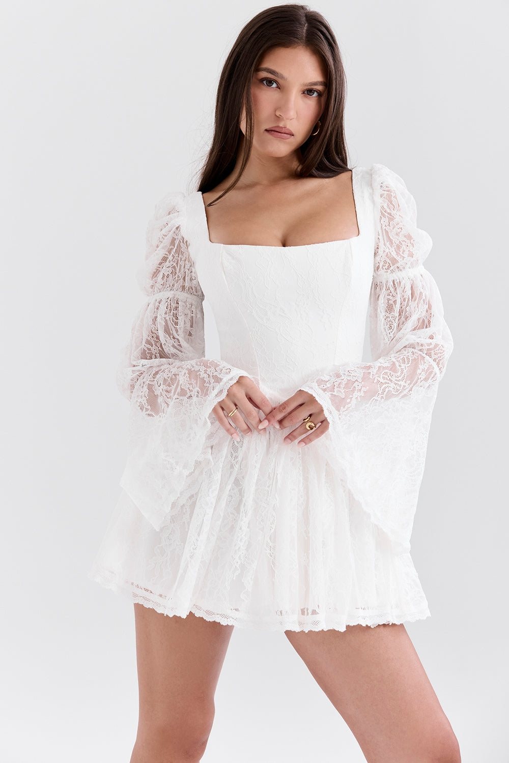 Océane Vêtements -Cezanne White Lace Puff Sleeve Mini Dress