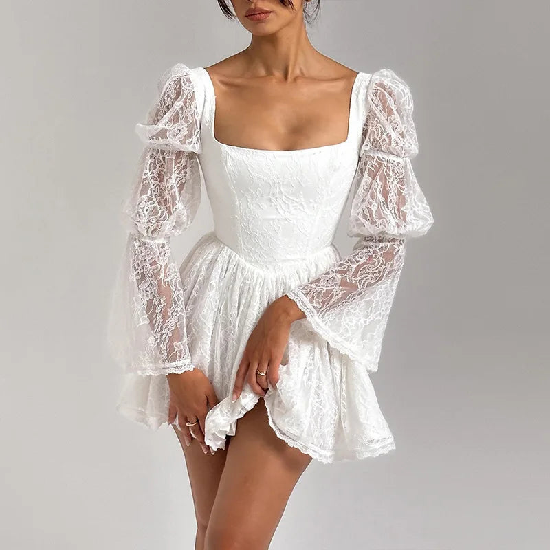 Océane Vêtements -Cezanne White Lace Puff Sleeve Mini Dress